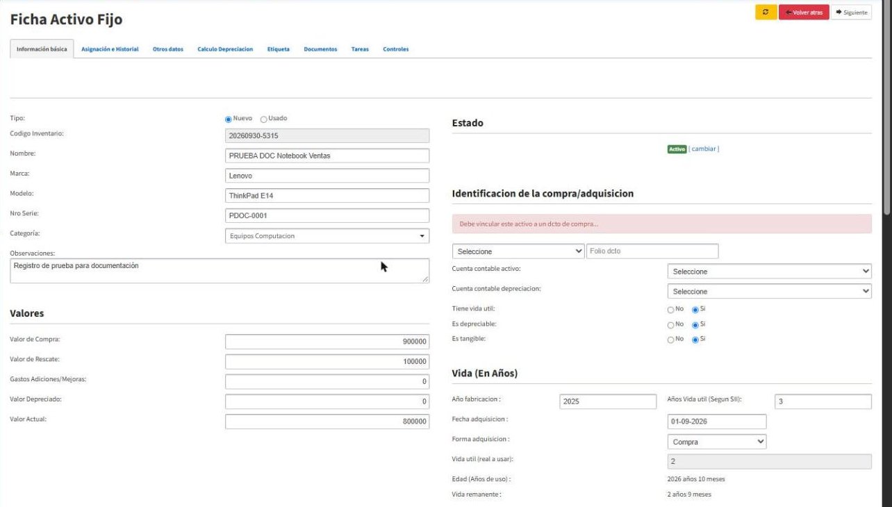 Ficha del activo recién creado con su código de inventario