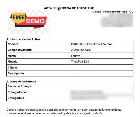 Acta de entrega de activo fijo en PDF