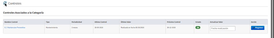 Control registrado con último valor actualizado