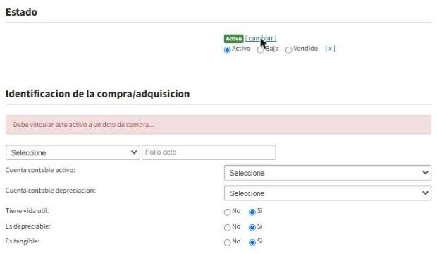 Estado, documento de compra, cuentas contables y vida útil