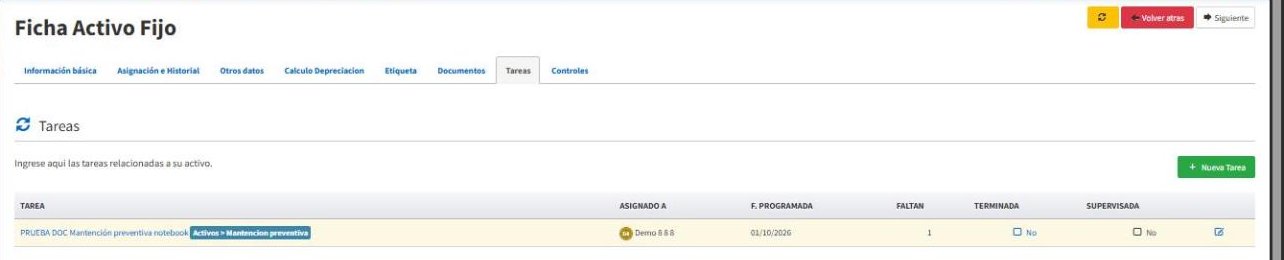 Tarea creada en la ficha del activo