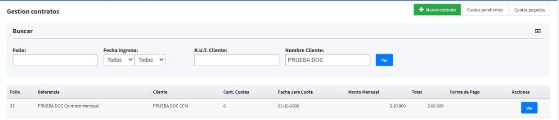Listado de contratos filtrado por nombre de cliente