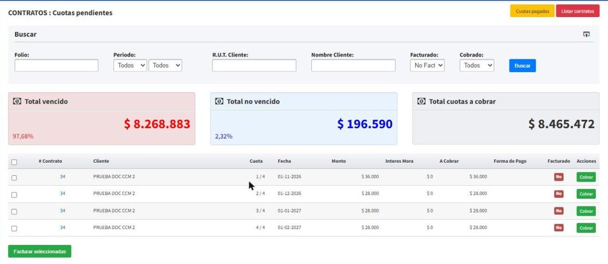 Cuotas pendientes filtradas por folio de contrato