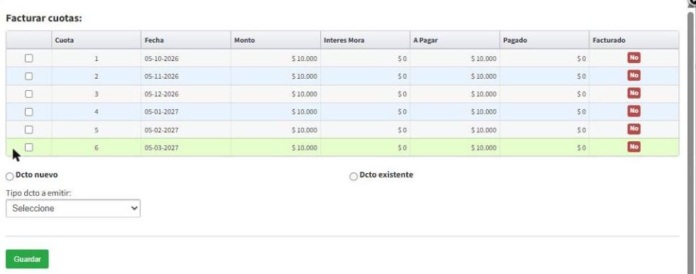 Ventana Facturar cuotas