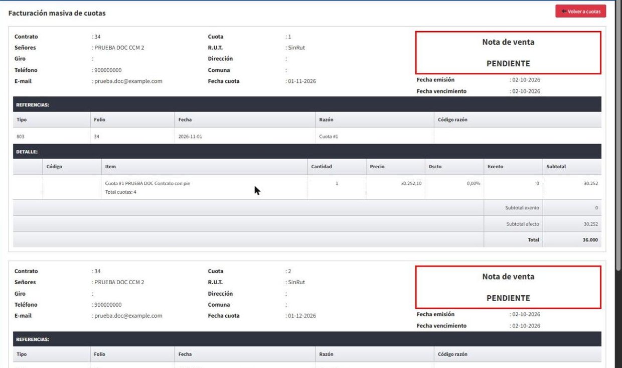 Previsualización de cuotas sin tipo de documento definido