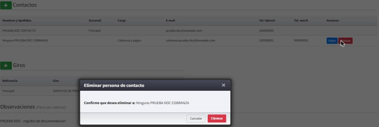 Confirmación para eliminar un contacto