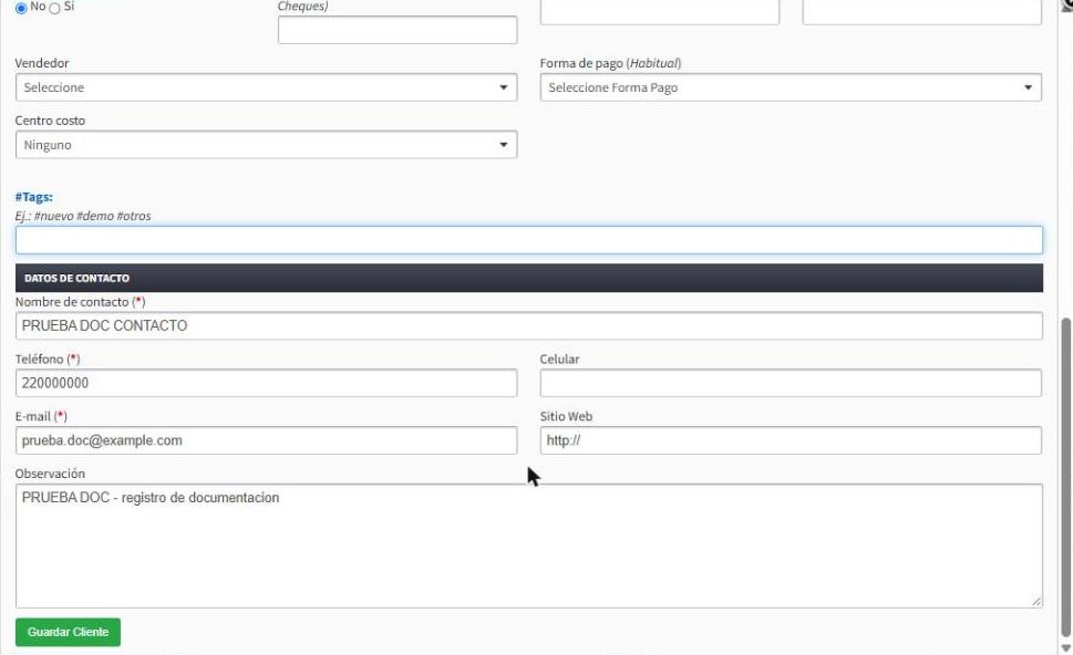 Datos de contacto y bot&oacute;n Guardar Cliente