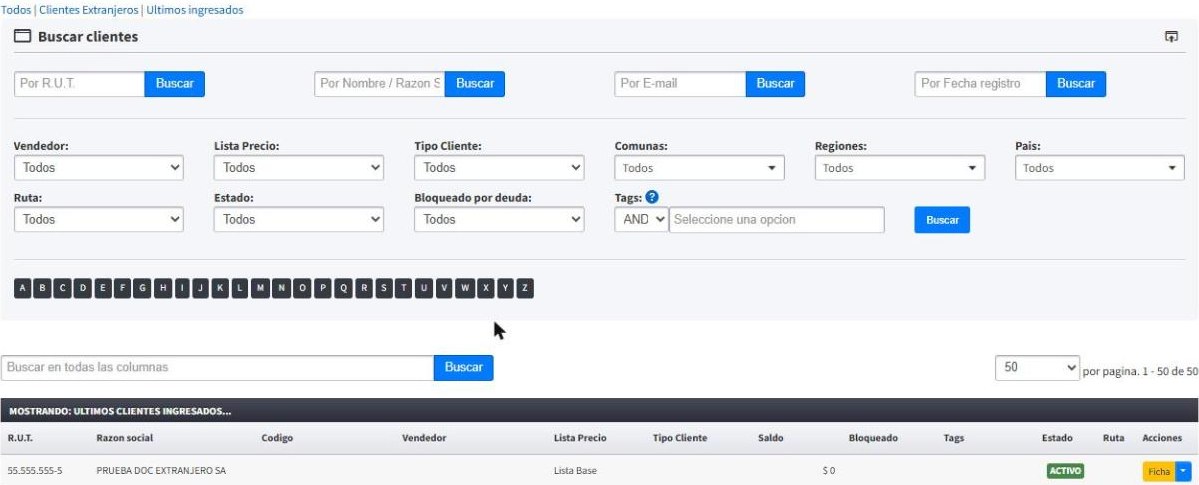 Cliente extranjero en el listado de clientes