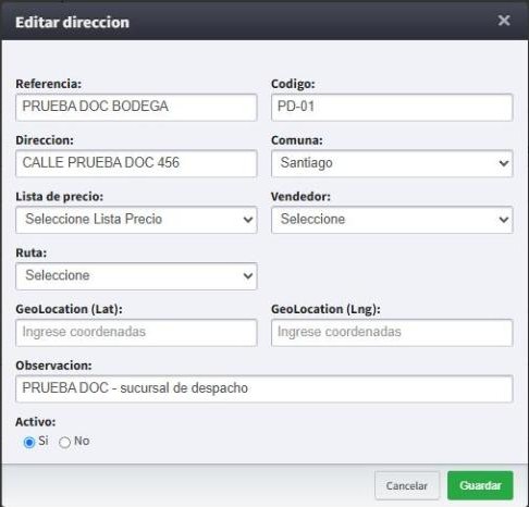 Formulario Editar dirección con la opción Activo