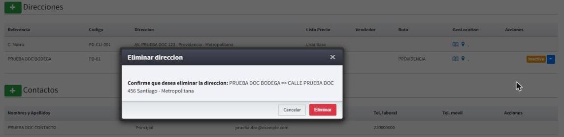 Confirmación para eliminar una dirección