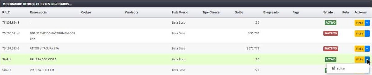 Opci&oacute;n Editar en el listado de clientes