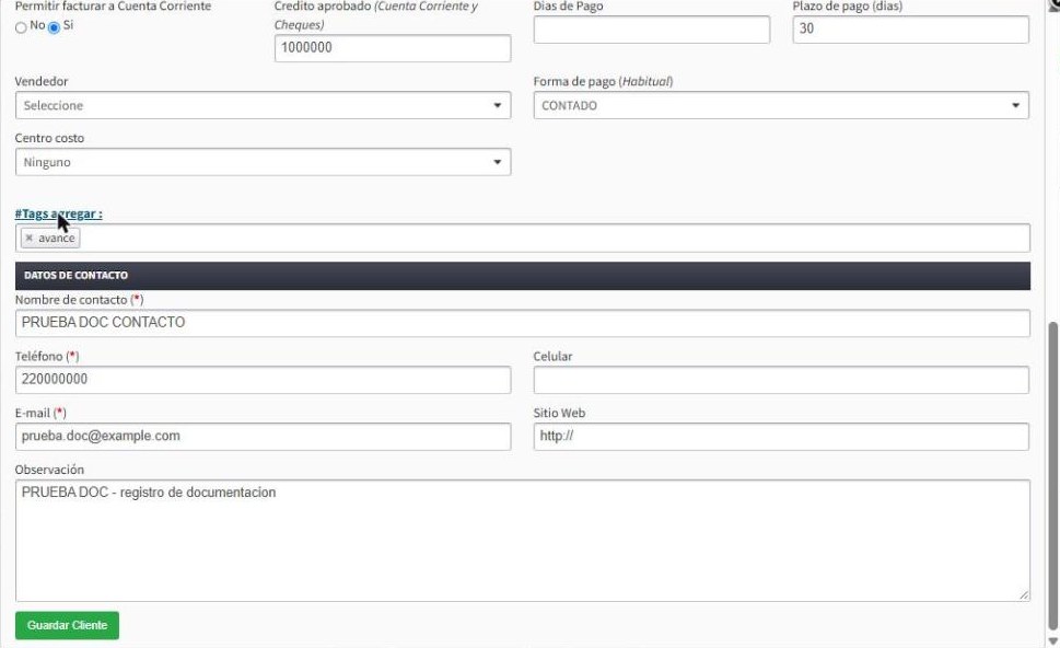 Tags, datos de contacto y bot&oacute;n Guardar Cliente