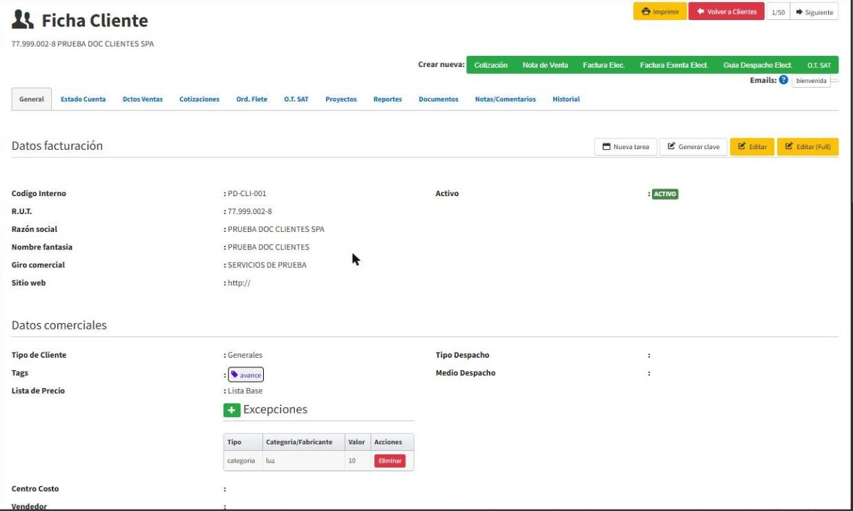 Ficha del cliente con los datos actualizados