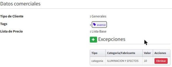 Excepción registrada en la ficha del cliente