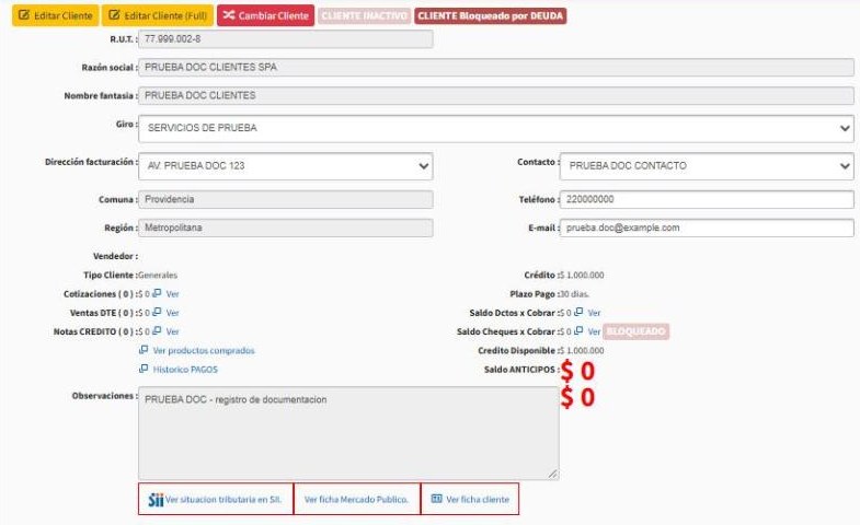 Giro, dirección y contacto del cliente en un documento de venta