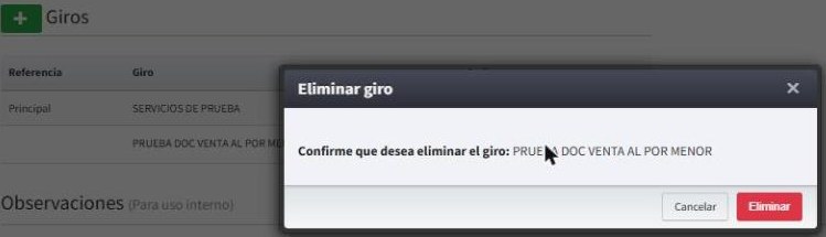 Confirmación para eliminar un giro
