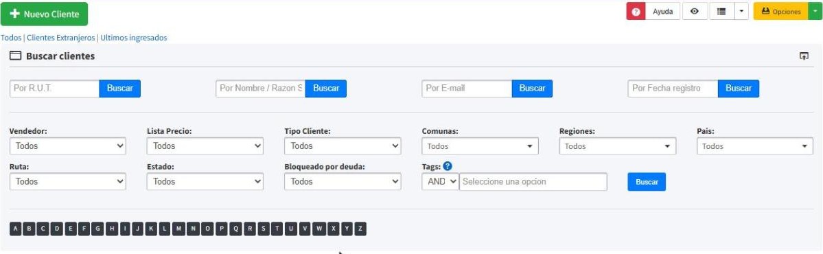 Filtros del listado de clientes