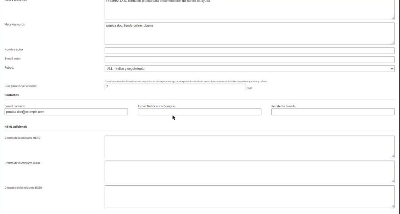 Pestaña General: robots, contactos y HTML adicional