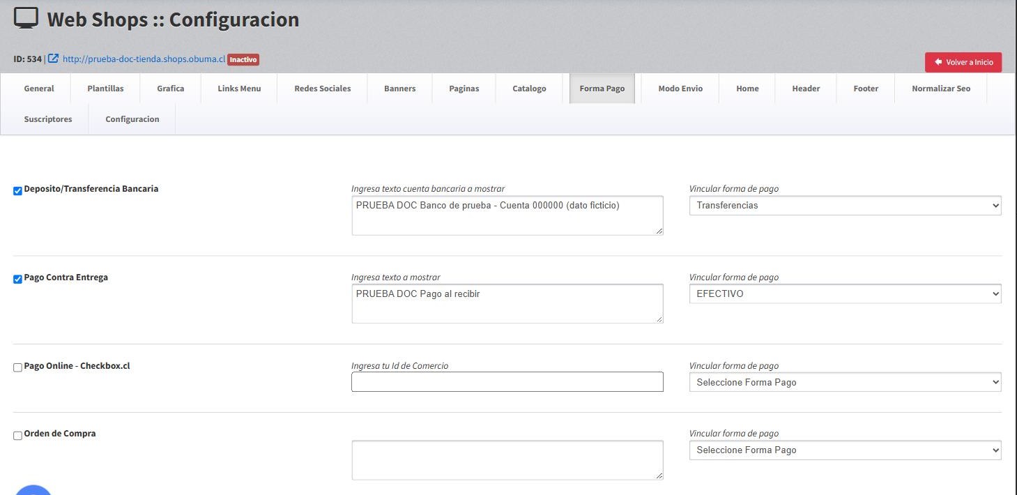 Formas de pago configuradas