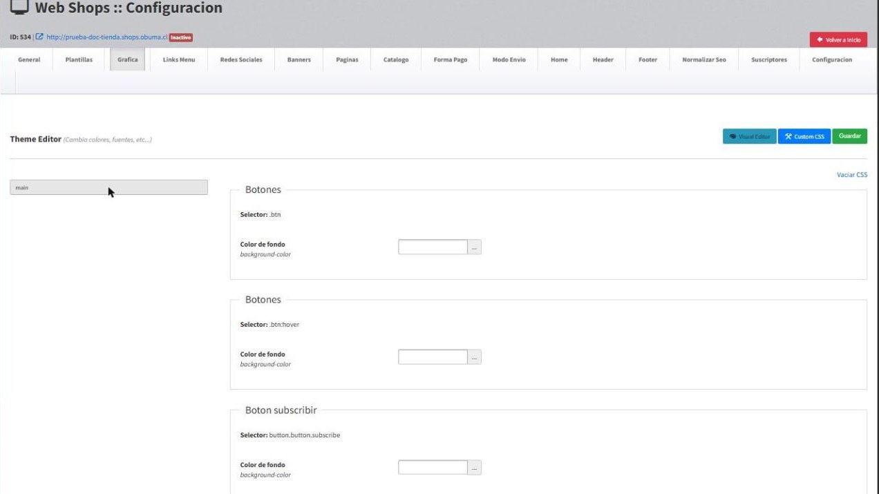 Theme Editor con los elementos del grupo main