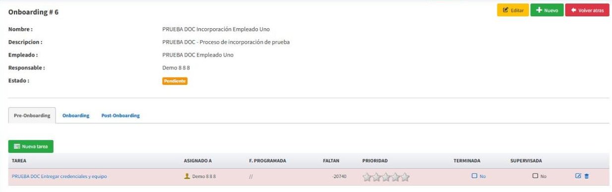 Ficha del onboarding con las tareas de la plantilla