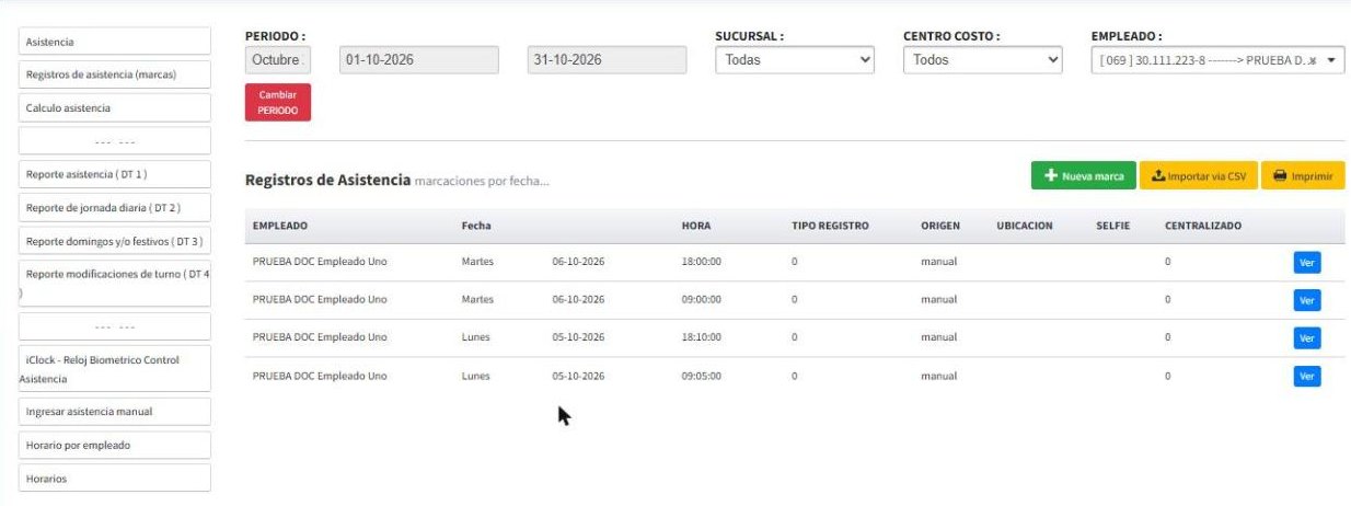 Registros de asistencia con las marcas ingresadas