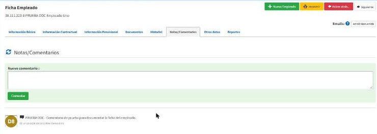 Comentario registrado en la ficha del empleado