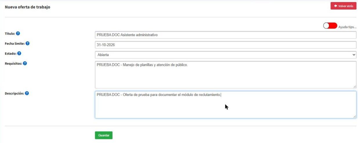 Formulario Nueva oferta de trabajo