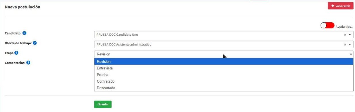 Etapas disponibles de la postulaci&oacute;n