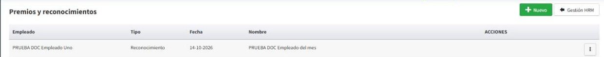 Premio registrado en el listado