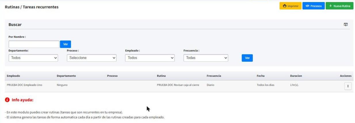 Rutina en el listado de Rutinas / Tareas recurrentes