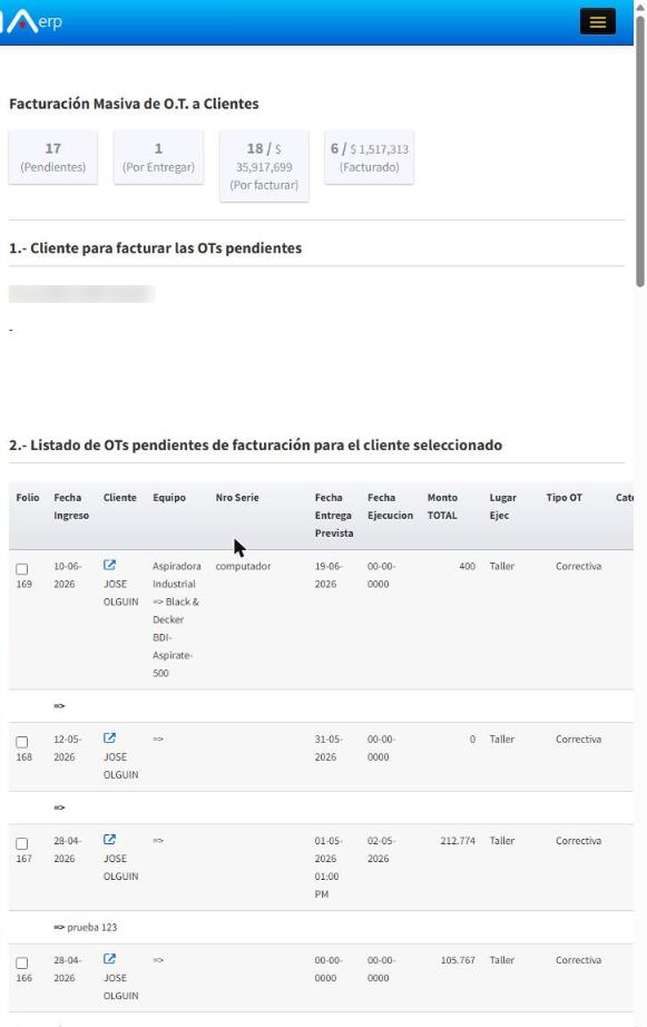 O.T. pendientes del cliente