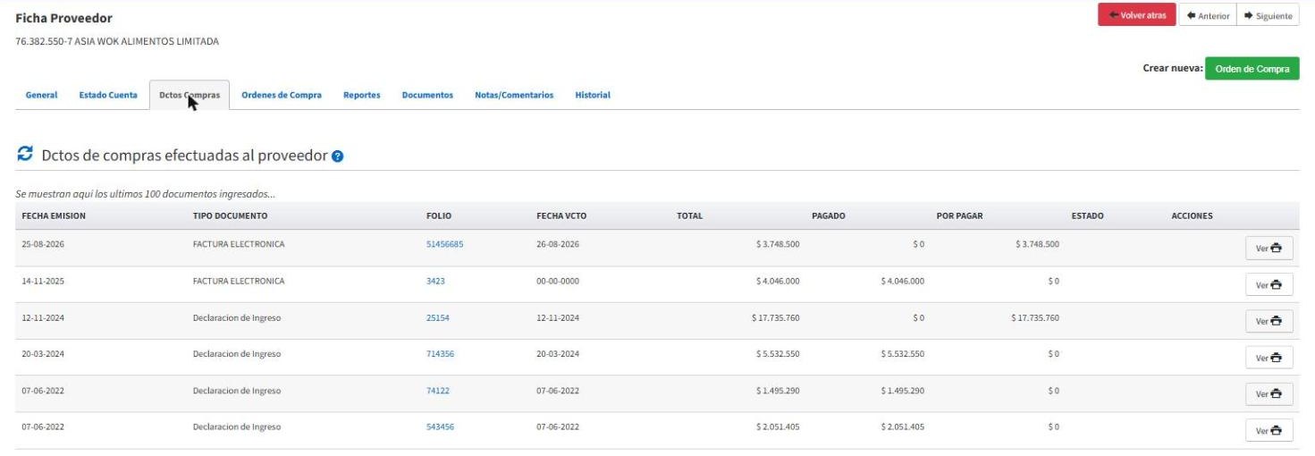 Documentos de compra del proveedor