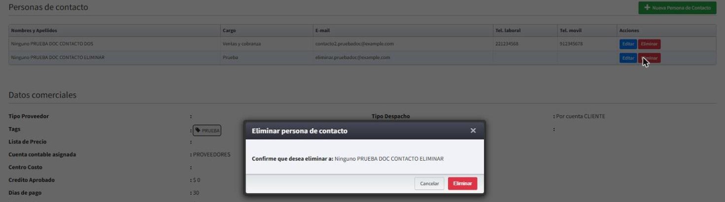 Confirmación para eliminar una persona de contacto