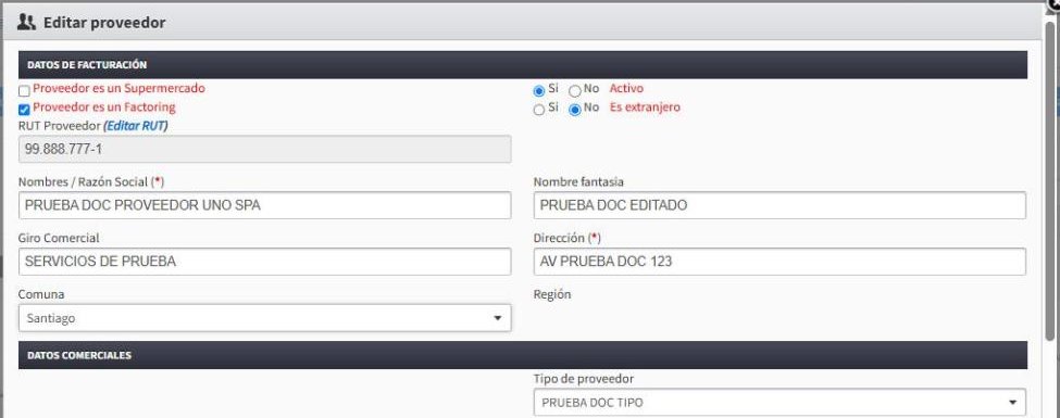 Casilla Proveedor es un Factoring en Editar proveedor