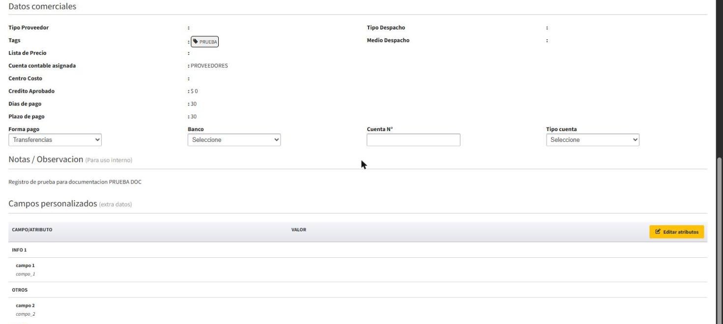 Datos comerciales y campos personalizados del proveedor