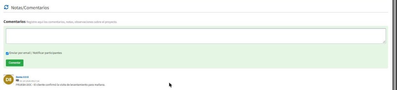 Comentario registrado en el proyecto