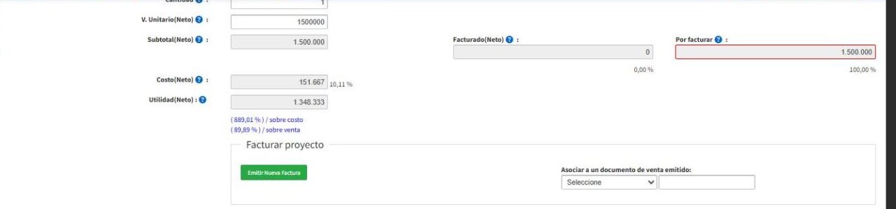 Costo, utilidad y facturación en la ficha del proyecto