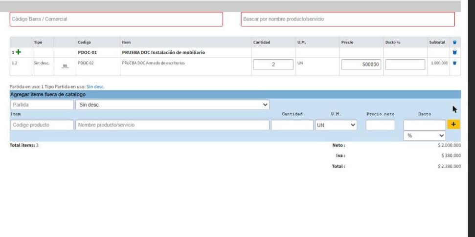 Editor del detalle del proyecto con partida e ítem