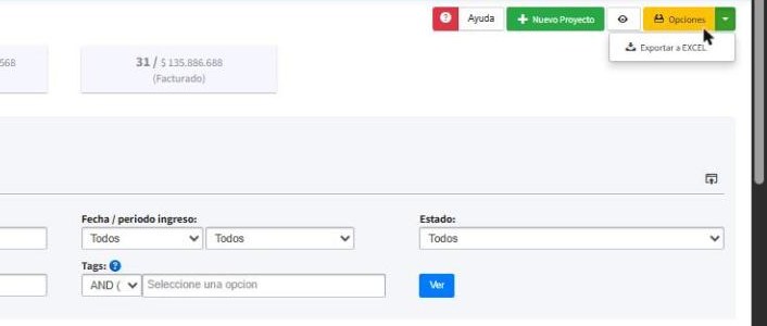 Menú Opciones del listado de proyectos