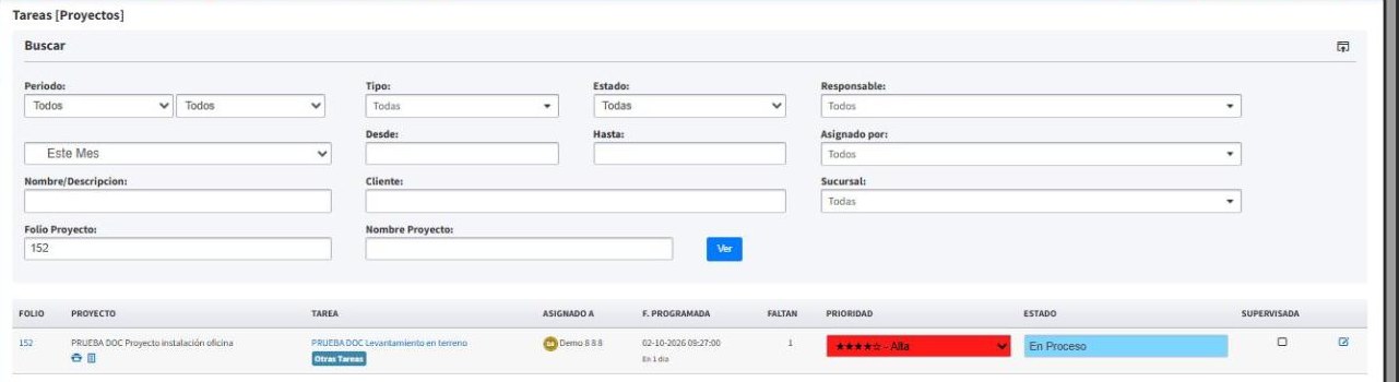 Tareas filtradas por folio de proyecto