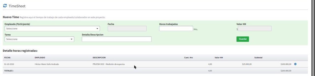Detalle de horas registradas